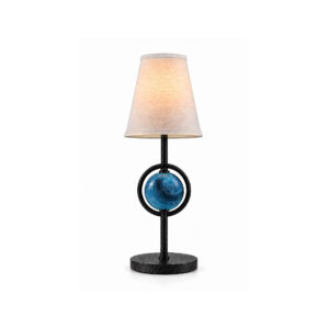 Murano glass table lamp in black, front view, lit
